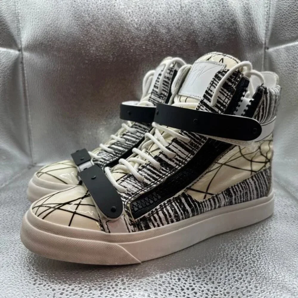 Size EU 36 Giuseppe Zanotti Mens White Black High Top Back Zip Sneakers‎